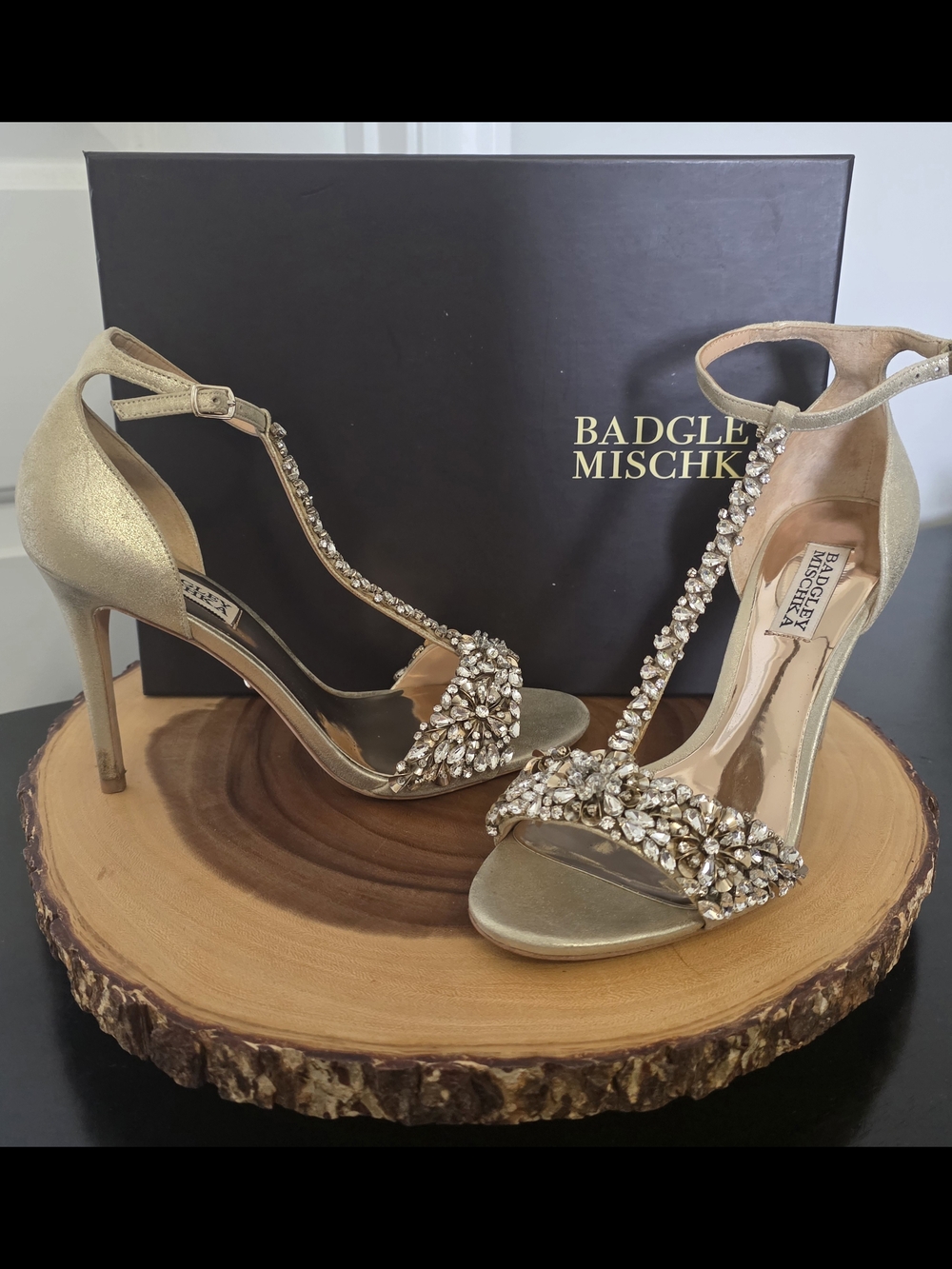 Badgley Mischka Gold Embellished T-Strap Stiletto Sandals